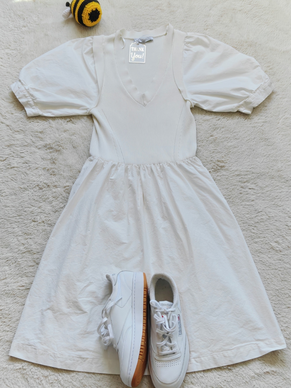 next White Ribbed Knit Puff Sleeve Mixed Media Dress | Size M | Quiet Luxury - Picture 3 of 5